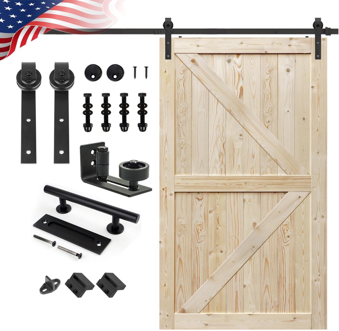 S&Z TOPHAND 48 in. x 84 in. Unfinished British Brace Knotty Barn Door with 8FT Sliding Door Hardware Kit (48in + J Shape)