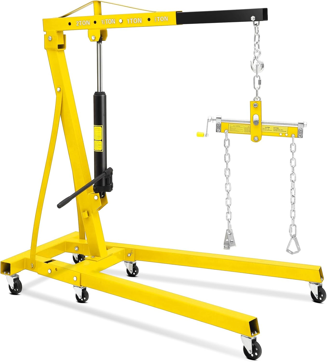 2 Ton Hydraulic Engine Hoist with Leveler, 4400 LB Foldable Mobile Cherry Picker with 6 Casters & Adjustable Telescopic Booms, Heavy Duty Engine Crane for Garage, Warehouse, Auto Repair, Yellow