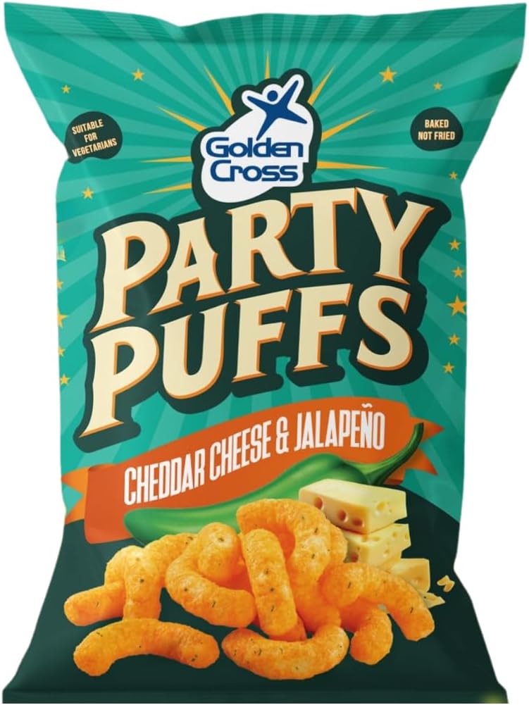Golden Cross Party Puffs, Cheddar Cheese & Jalapeno, 12 x 125g Bags