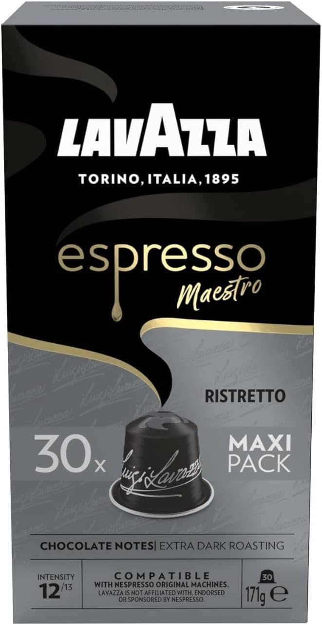 Lavazza, Espresso Maestro Ristretto, 30 Aluminium Capsules Compatible with Nespresso Original Machines, Chocolate & Caramel Notes, Arabica & Robusta, Intensity 12/13, Dark Roasting