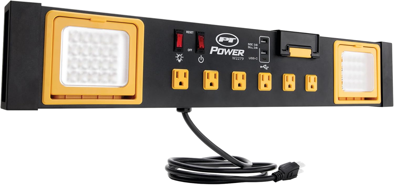 Performance Tool W2279 Commercial Grade Power Station with 6 Outlets, 2 USB Ports, Built-In Cradle, and LED Lights, Ideal for Workshops and Garages