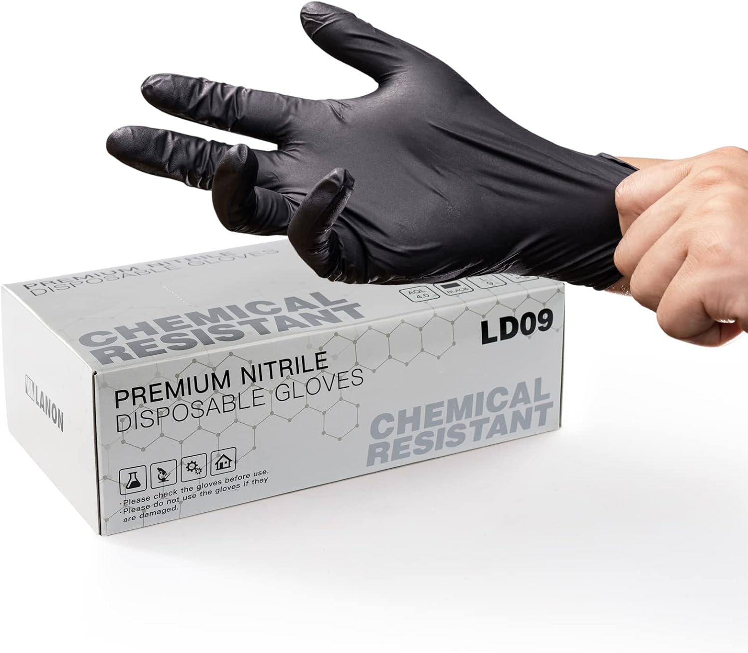 LANON 6 mil Black Nitrile Disposable Gloves, EN ISO 374 Chemical Resistant, Heavy-Duty, Mechanic, Textured Fingertips, Powder-Free, Latex-Free, XL(Pack of 100)