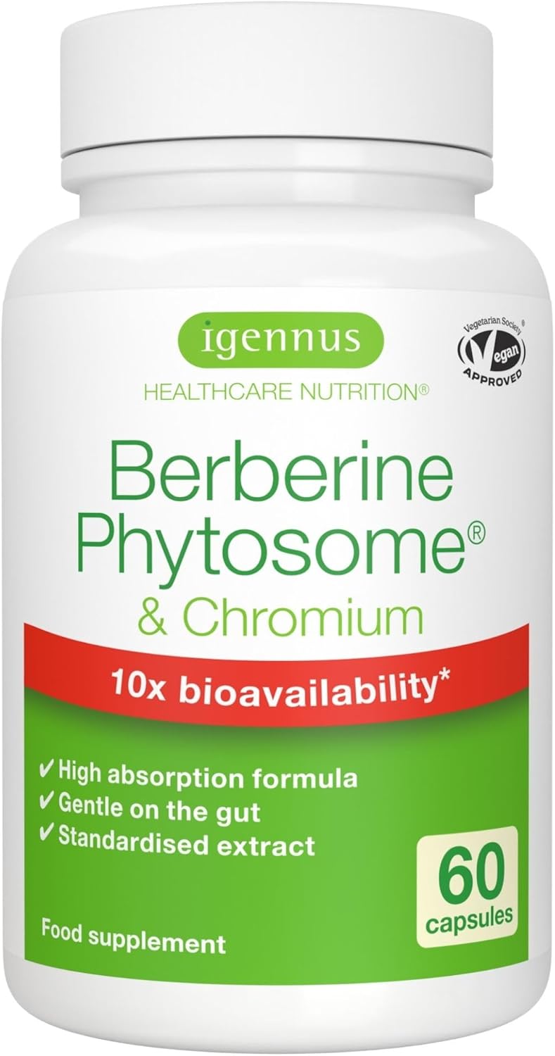 Igennus Advanced Berberine Phytosome 550mg & Chromium Picolinate, 10x Absorption, Super Bioavailable, Blood Glucose Control, Standardised Berberis Extract Supplement, Clean Label, Vegan, 60 Capsules