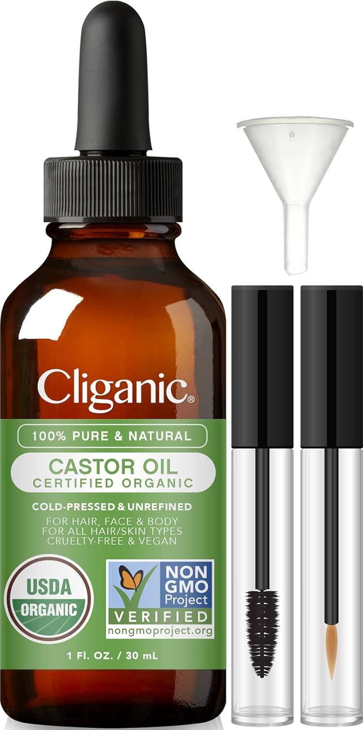 Cliganic Organic Castor Oil, 100% Pure - For Eyelashes, Eyebrows, Hair & Skin (1oz with Eyelash Kit)