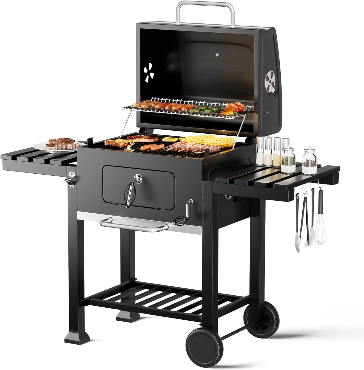 DKIEI BBQ Grill, Outdoor XXL Portable Charcoal Barbecue Grill, Wheels & 2 Folding Table, Thermometer & Adjustable Charcoal Pan, Large Coal Barbeque Grill Smoker for Parties, Patio, Garden Home Cooking