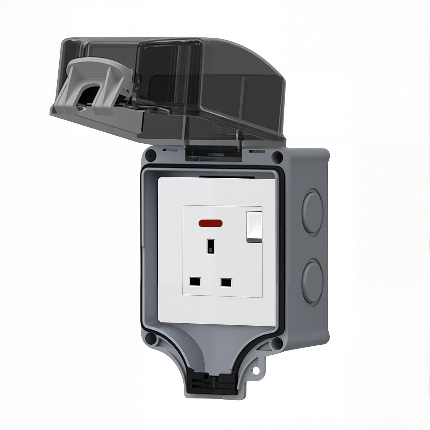 IP66 Waterproof Outdoor Power Outlet Box with Lockable Cover, Double Socket, 16A 250V Weatherproof Electrical Socket for Garden, Patio, Garage, and Industrial Use​（UK with Switch）