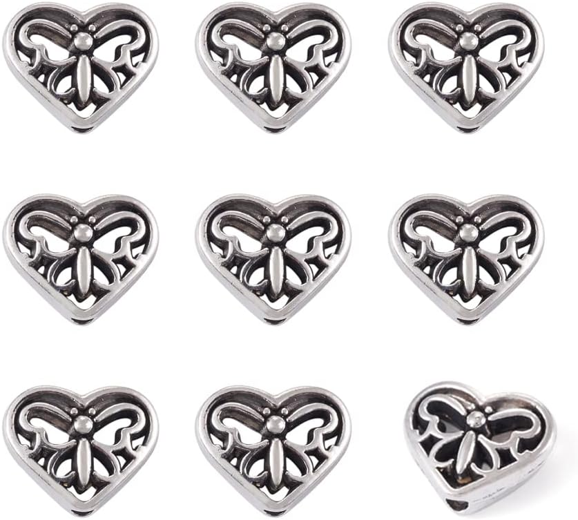 Fashewelry 50Pcs Antique Silver Hollow Heart Spacer Beads Tibetan Metal Butterfly Pattern Loose Beads 10x12mm for Jewelry Making