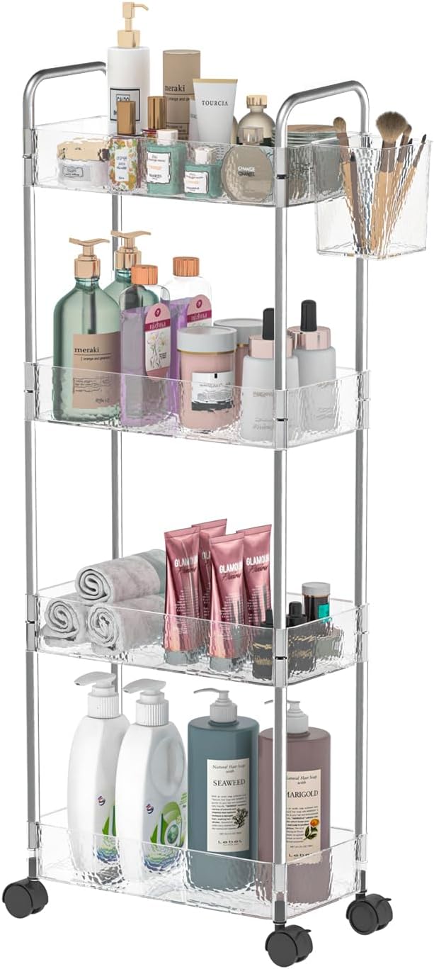 REALINN Rolling Storage Cart, 4 Tier Clear Bathroom Cart Organizer, Rolling Utility Cart Laundry Room Organization, Storage for Office, Living Room