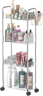 REALINN Rolling Storage Cart, 4 Tier Clear Bathroom Cart Organizer, Rolling Utility Cart Laundry Room Organization, Storage for Office, Living Room