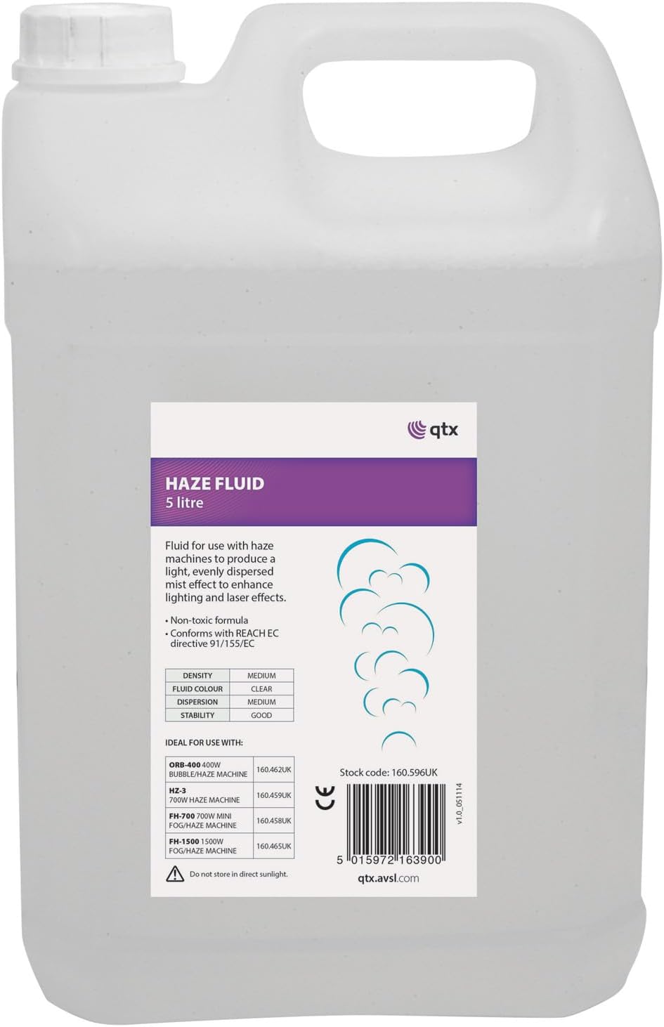 QTX | Haze Fluid 5L – Quality Fog Juice for All Smoke Machines – Medium Density, No Residue, Non-Toxic – Ideal for Gigs, Parties, Bonfire Night, Fireworks, Stage & Club Lighting