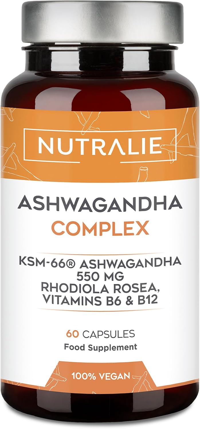 Ashwagandha KSM-66® Complex - Rhodiola Rosea + Vitamina B6 B12 - BIO-Available - 5% of Withanolides + Withania Somnifera - Ayurveda Supplement - 100% Natural Vegan - 60 Capsules Nutralie