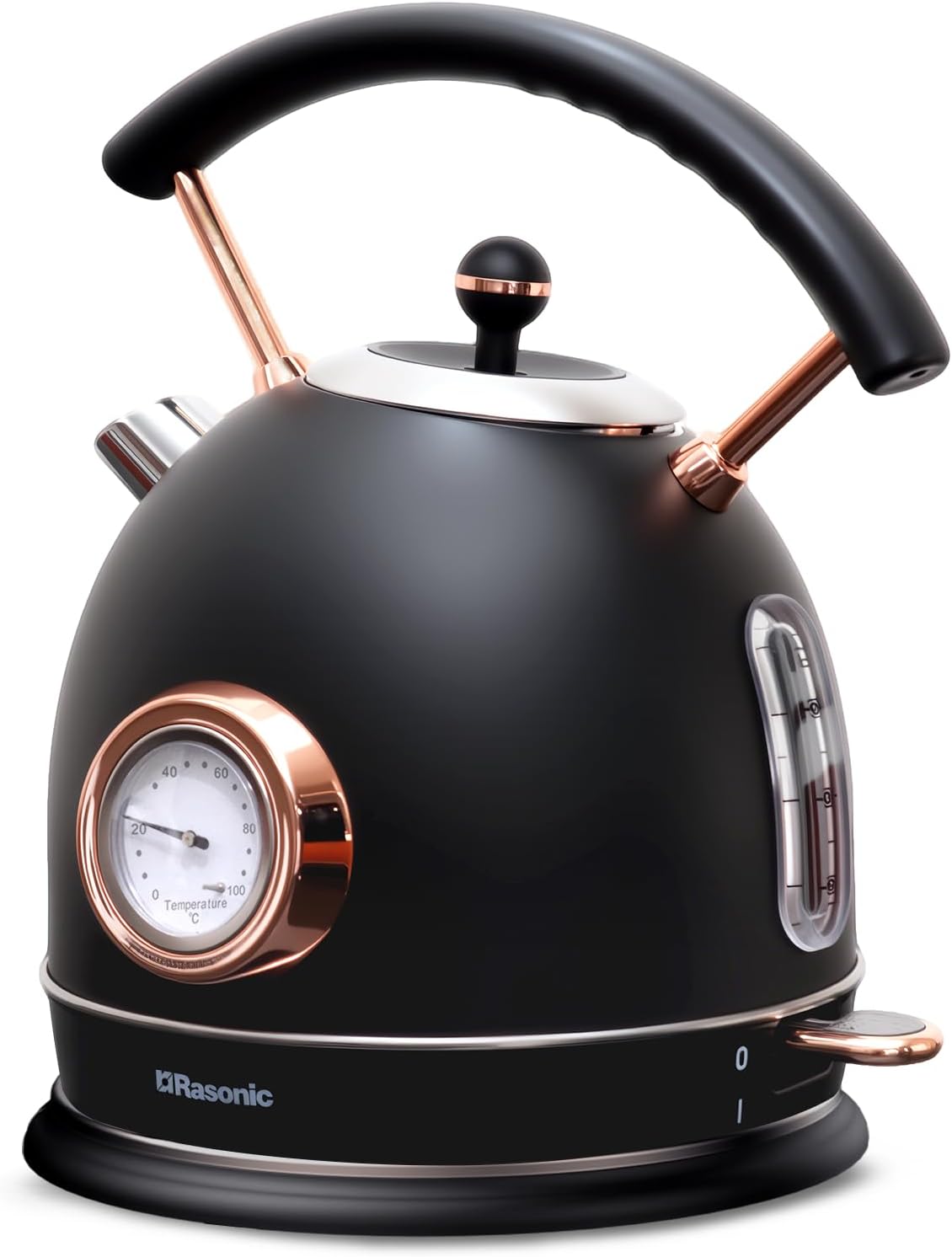 Rasonic Classic Retro Electric Kettle, 1.8L Stainless Steel, 3000W Fast Quiet Boiling, Temperature Gauge, LED Light, Auto Shut-Off, Home & Office Use - Matt Finish Black and Rose Gold