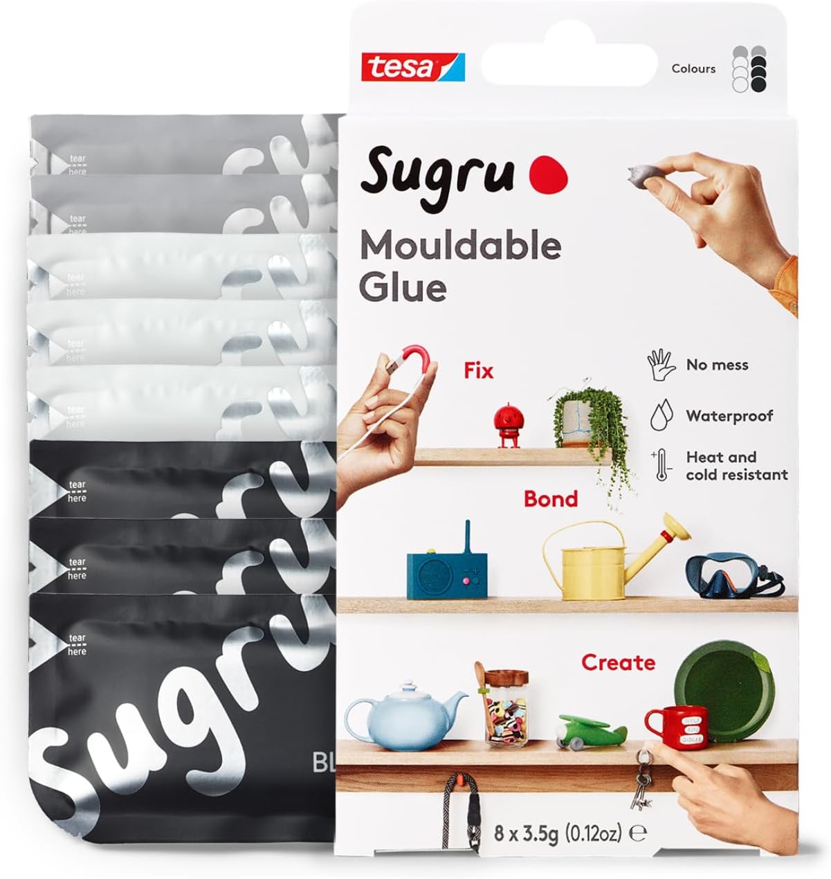 Sugru by tesa - Mouldable Multi-Purpose Glue for Creative Fixing and Making, Black, White and Gray, 8-Pack