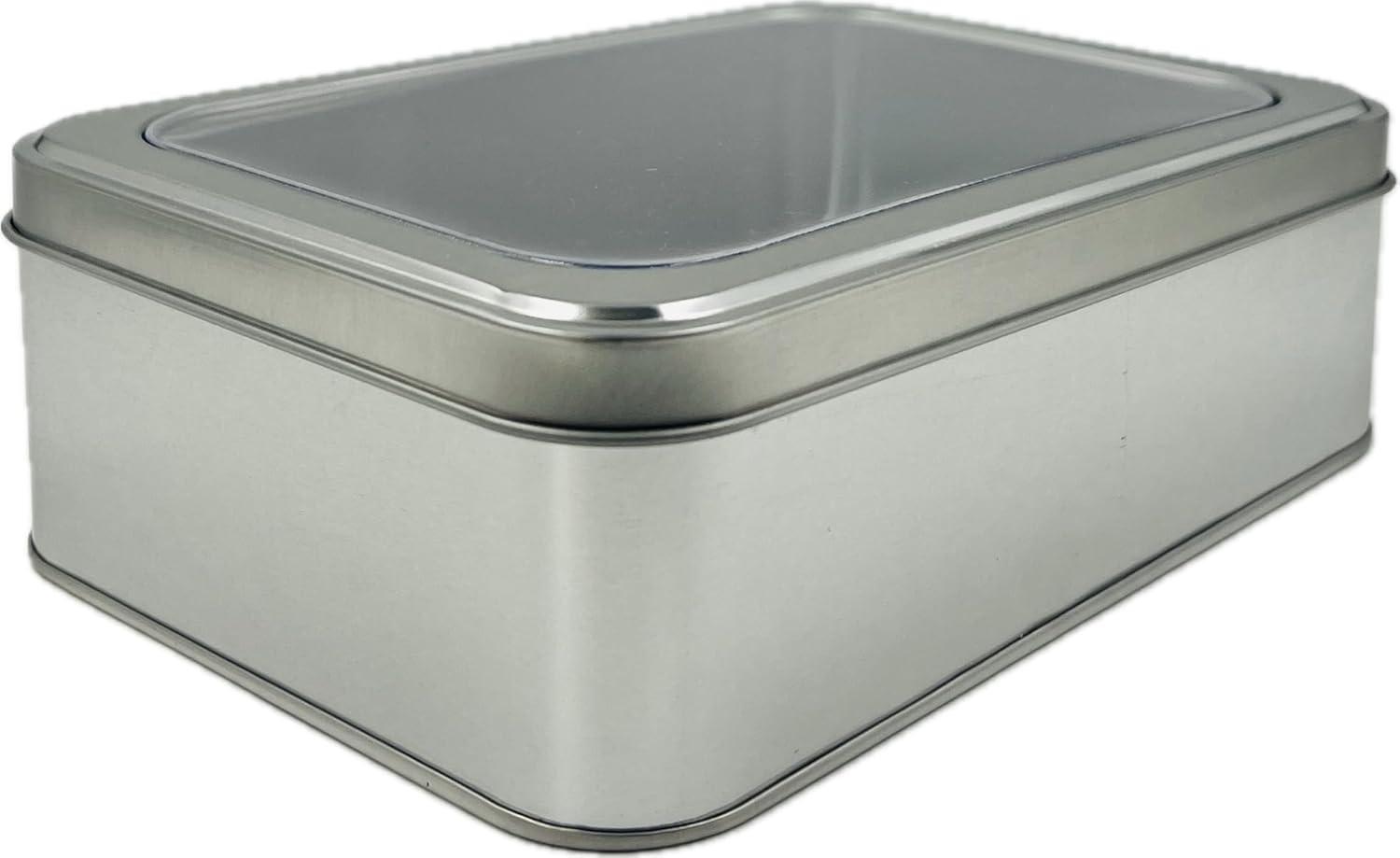 Silver Rectangular Tin Container With Clear Lid, Single Piece Multipurpose Tin, Festive Tin Box for Gift Giving, Cookies, Stationery & More - 7.25 x 5.25 x 2.25 Inches