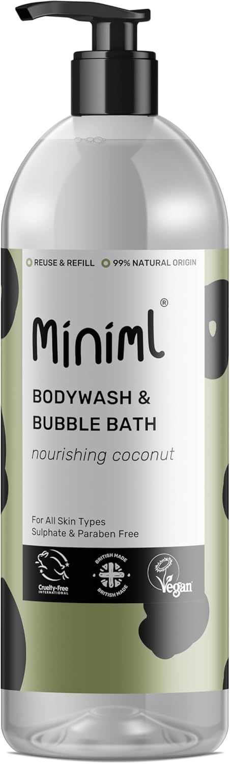 Miniml All Natural Body Wash and Bubble Bath - 1L Bottle Moisturising Coconut Skin Eco Shower Gel Bath Soak - Vegan Friendly High Foam