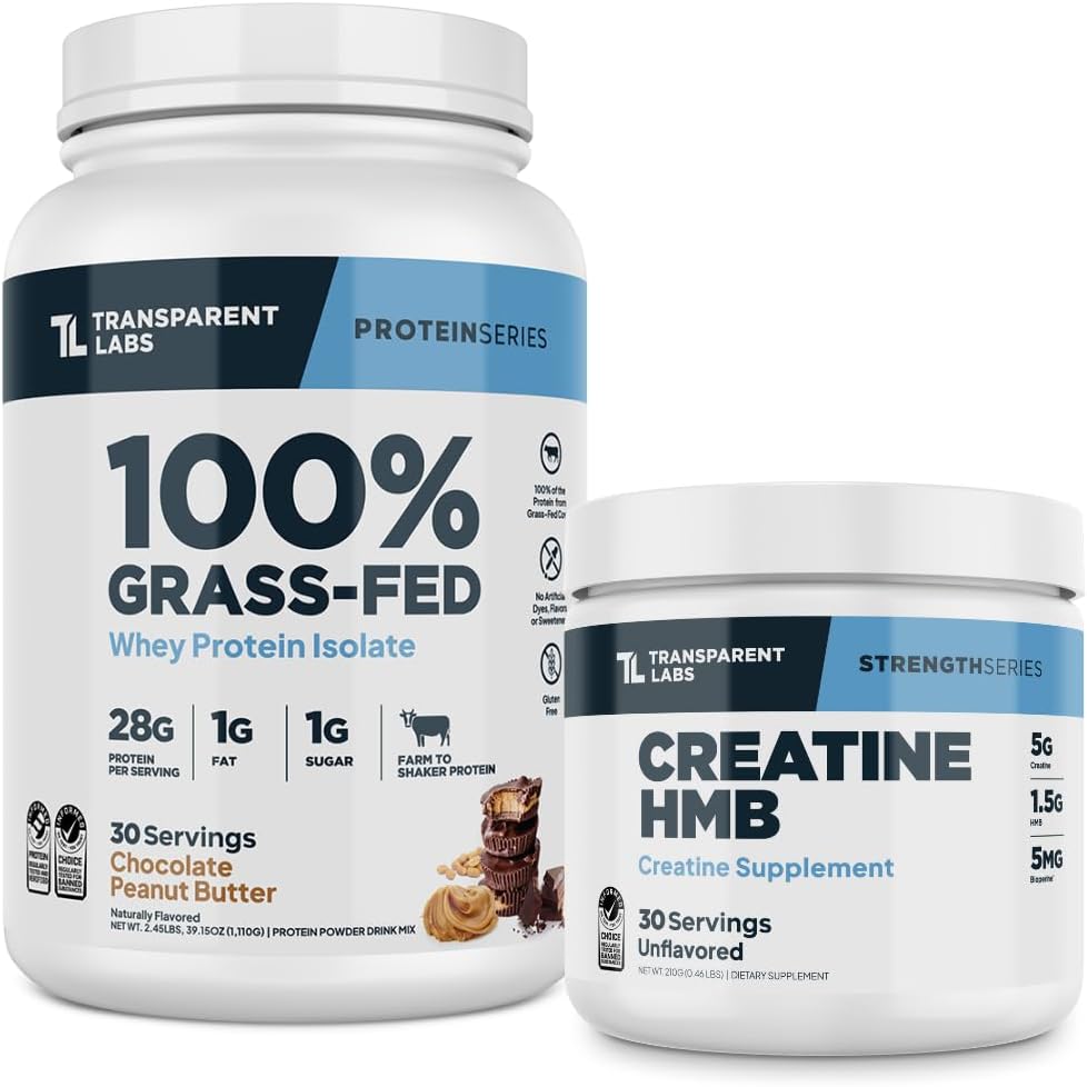 Transparent Labs Grass-Fed Whey Protein Isolate (30 Servings, Chocolate PB) & Creatine HMB (30 Servings, Unflavored)