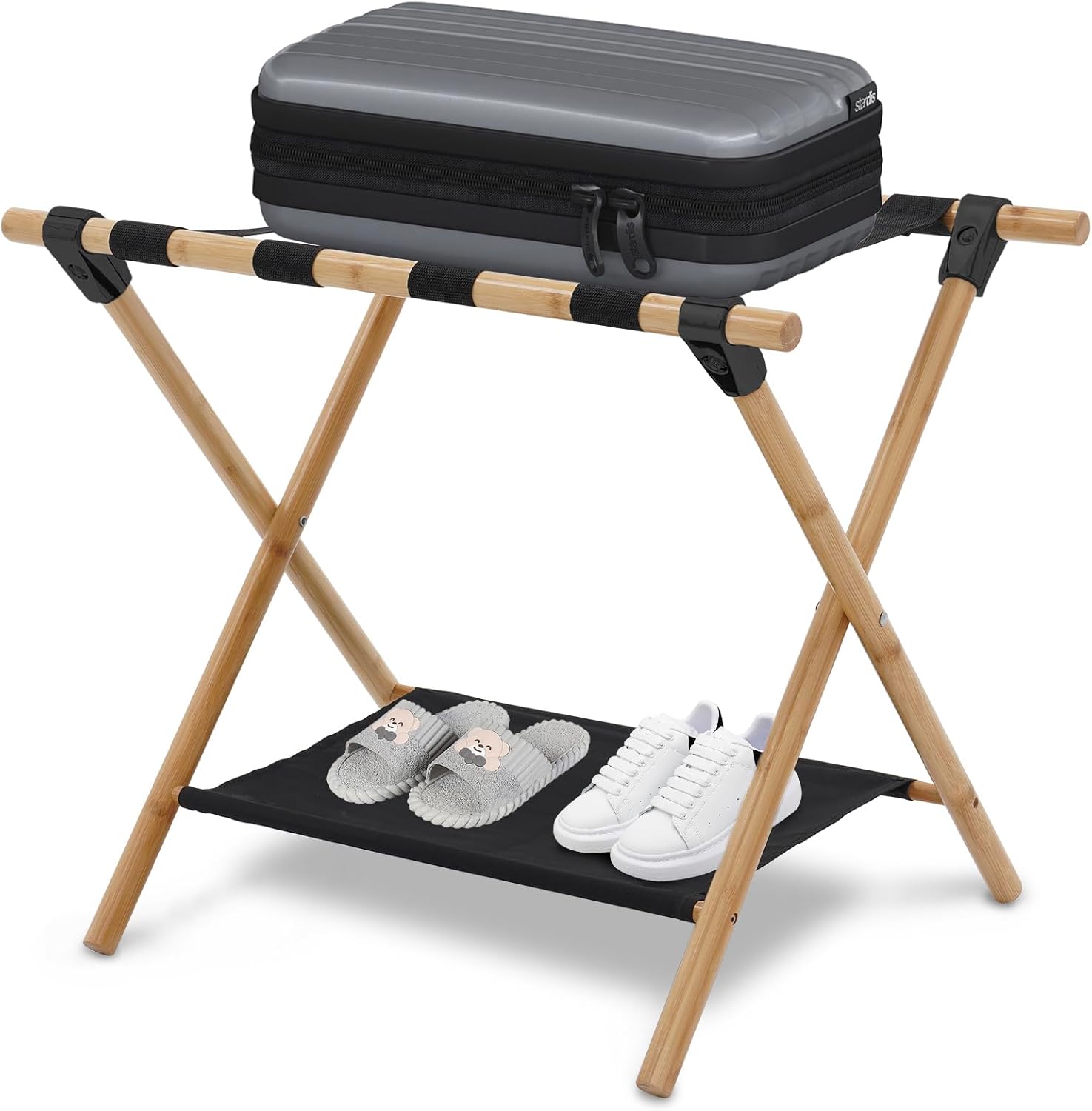 Siairo Luggage Rack,Wooden Portable Luggage Rack for Suitcase ,Double-Deck Luggage Racks Include Storage Shelf and Luggage Racks for Family Hotel Use，64*45*52CM,Withstand 50 KG