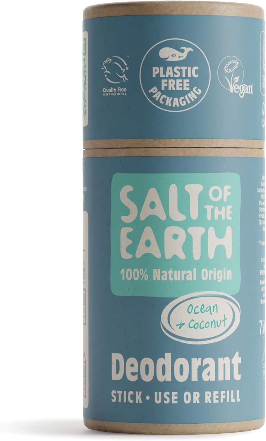Salt of the Earth - Natural Deodorant Stick Refillable - Ocean & Coconut - Aluminium Free & Vegan Long Lasting Protection, Leaping Bunny Approved, Made in The UK for Men, Women & Kids 75g