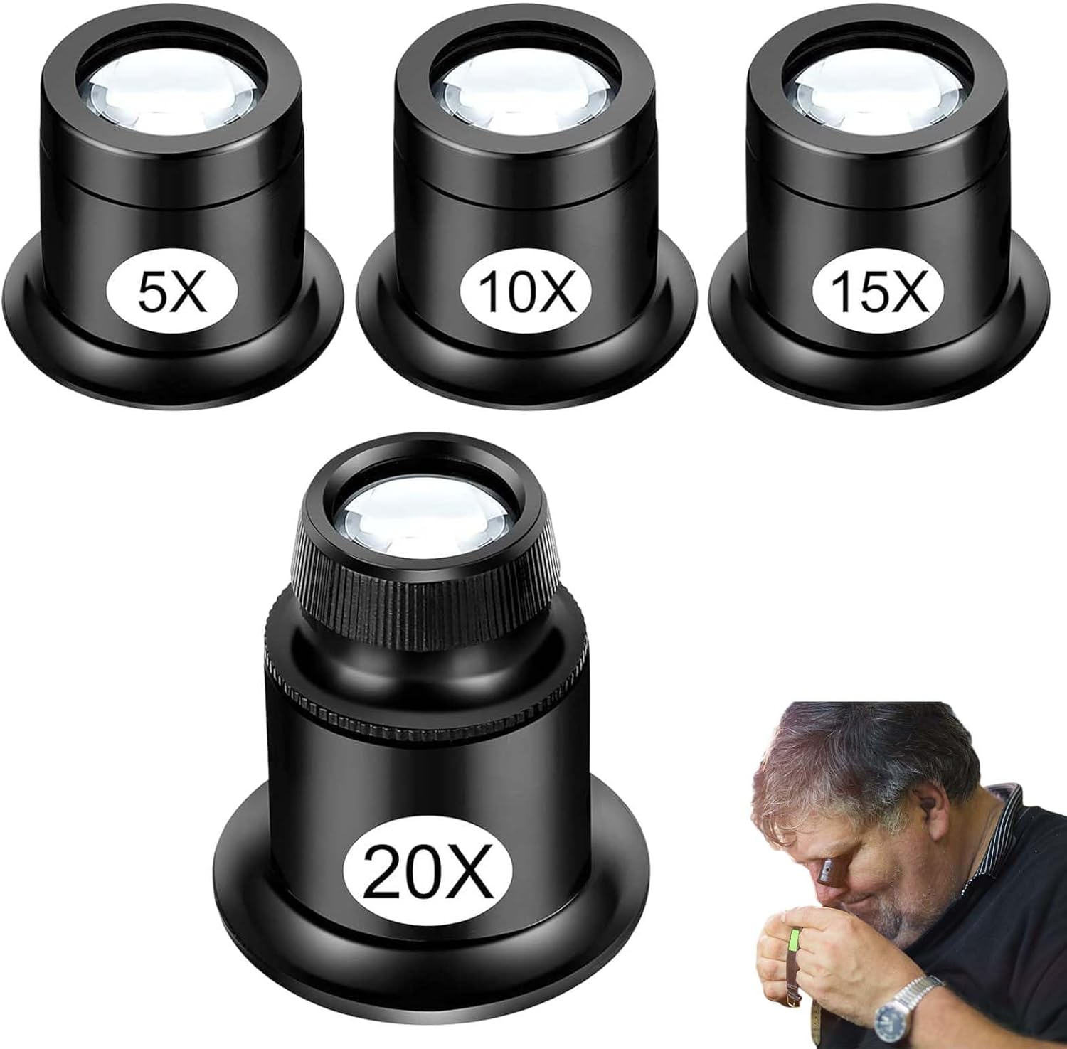 4PCS Jewellers Loupe Eye Loupe Magnifier Jewellers Loop Jewellers Magnifying Glass Watchmakers Eye Glass Professional Monocular Loupe Magnifie Watch Jewelry Experimental Repair Tool(5x 10x 15x 20x)