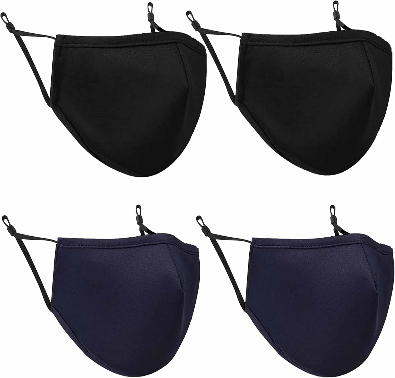 UK 4 Pack Reusable Cotton Face Masks, 2 Navy Blue, 2 Black Mask with Nose Wire for Glass Wearers, 3-Ply Washable & Breathable Fabric with Filter Pocket & Adjustable Loops