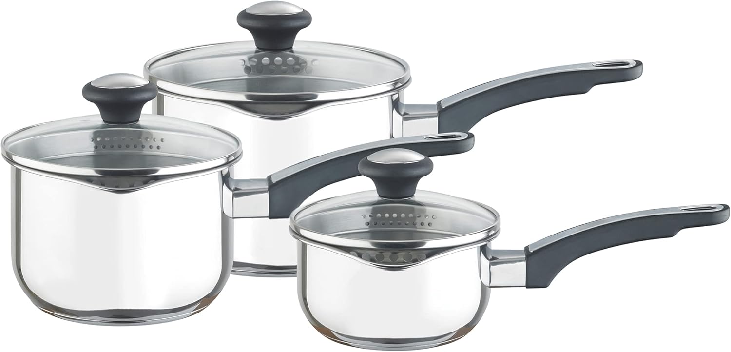 Prestige Stainless Steel Saucepan Set 14, 16 & 18cm - Induction Suitable Saucepan Set with Glass Straining Lids and Pouring Lips, Dishwasher Safe, Oven Safe, Durable Cookware