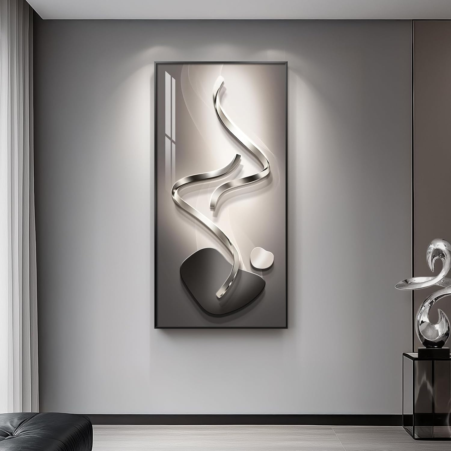 Large Framed Modern Abstract Vertical Wall Art for Living Room, Black Grey Prints Wall Paintings Artwork for Walls, Silver Gray Luxury Wall Pictures for Hallway Entryway Foyer Stair Office Wall Decor 30x60 Inch