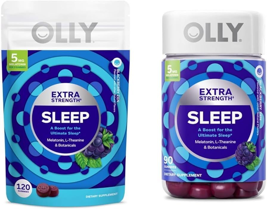 OLLY Extra Strength Sleep Gummies with Melatonin, L-Theanine and Botanicals, Blackberry Flavor, 120 and 90 Count