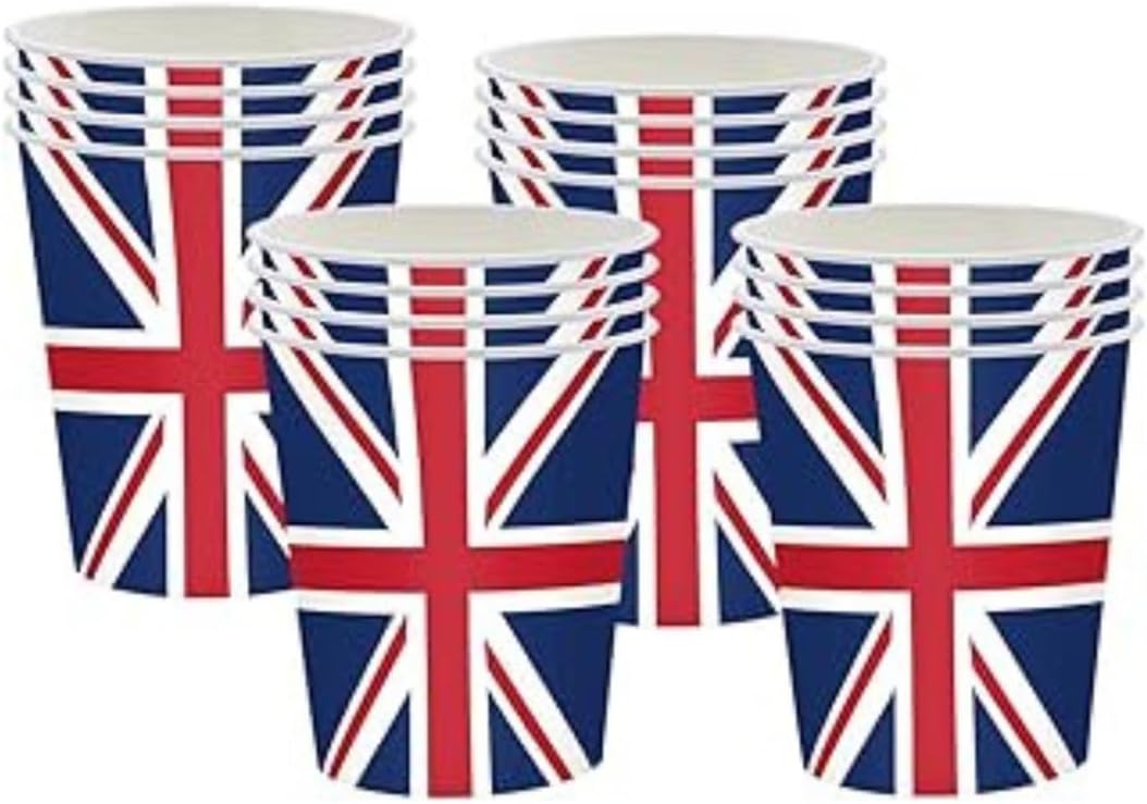 9" 16pc Union Jack Tableware Cups | Union Jack Flag Cup King's Coronation Great Royal Event Party Supplies Table Cover Cup Britain Pub BBQ Summer Theme Table Decorations | UK National Dinnerware Cups