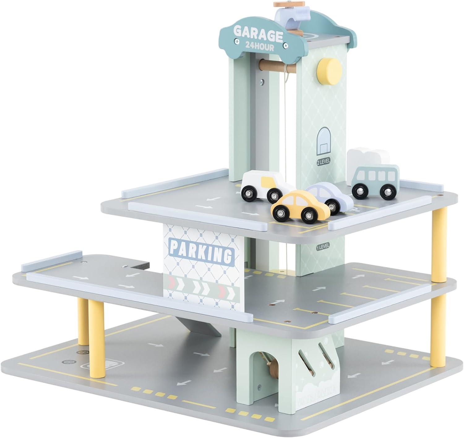 GYMAX Wooden Car Garage, 3-Storey Toy Garage with 4 Cars, Helicopter, Helipad, Gas Station, Elevator, Car Wash & Lift Rod, Parking Garage Playset for 3+ Years Old Boys Girls