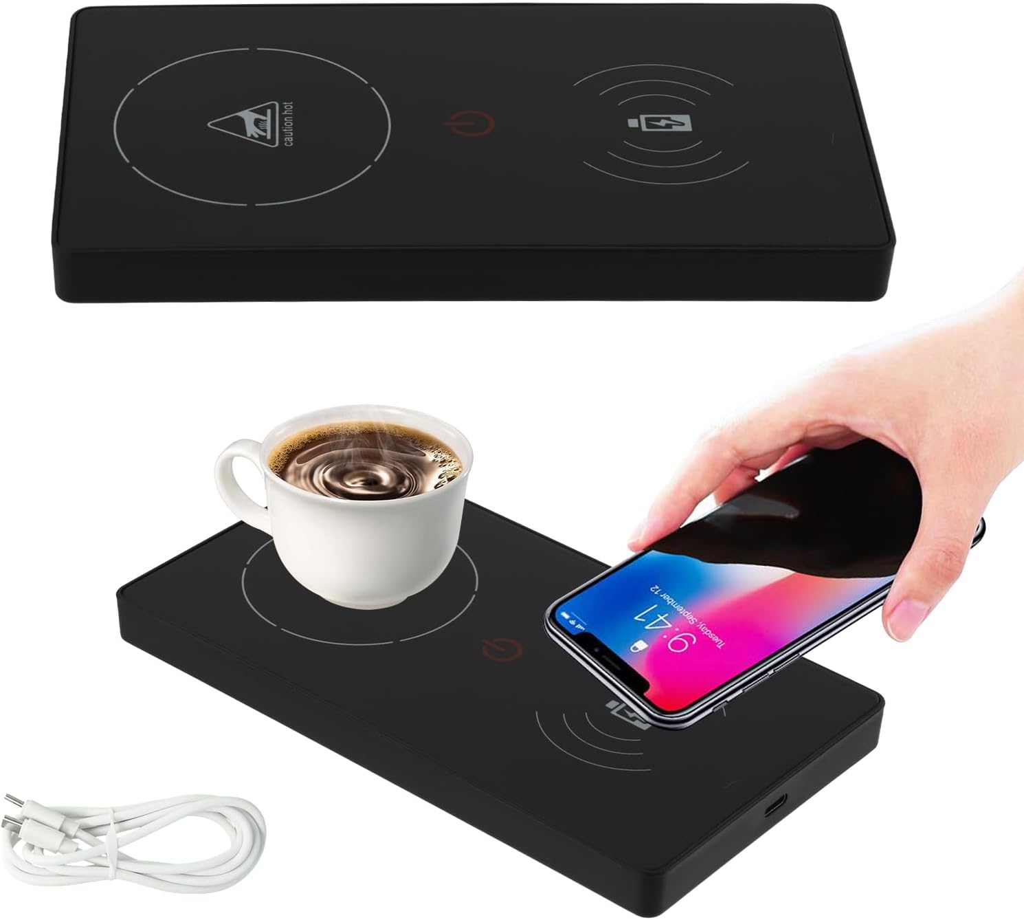 Coffee Mug Warmer, 2-in-1 Smart Cup Warmer with 15W Wireless Charger, Constant temperature 55°/131°F Electric Mug Warmer for Desk, Multifunction Heating Coaster Drink Warmer for Cocoa Tea Milk (Black)