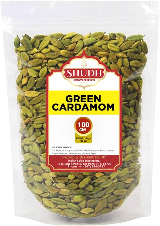 Shudh GREEN CARDAMOM EXTRA GREEN 100GM | 3.5 oz Green Cardamom Pods Spice (Hari Elachi) ~ All Natural | Vegan | Gluten Friendly | NON-GMO | Product of India