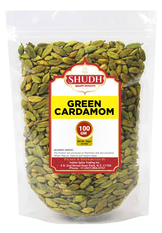 SHUDH GREEN CARDAMOM 100GM | 3.5 oz Green Cardamom Pods Spice (Hari Elachi) ~ All Natural | Vegan | Gluten Friendly | NON-GMO | Product of India