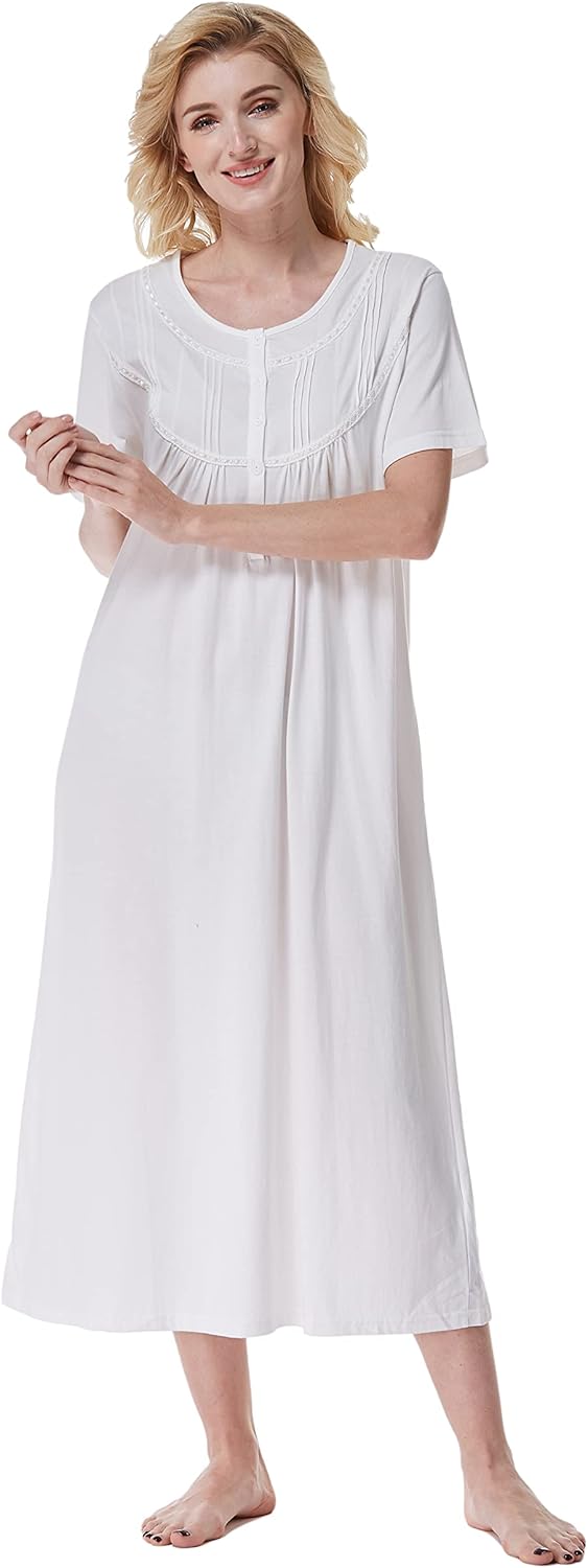 Keyocean Women Nightgowns, Soft 100% Cotton Lightweight Short Sleeve Night-dresses for Ladies