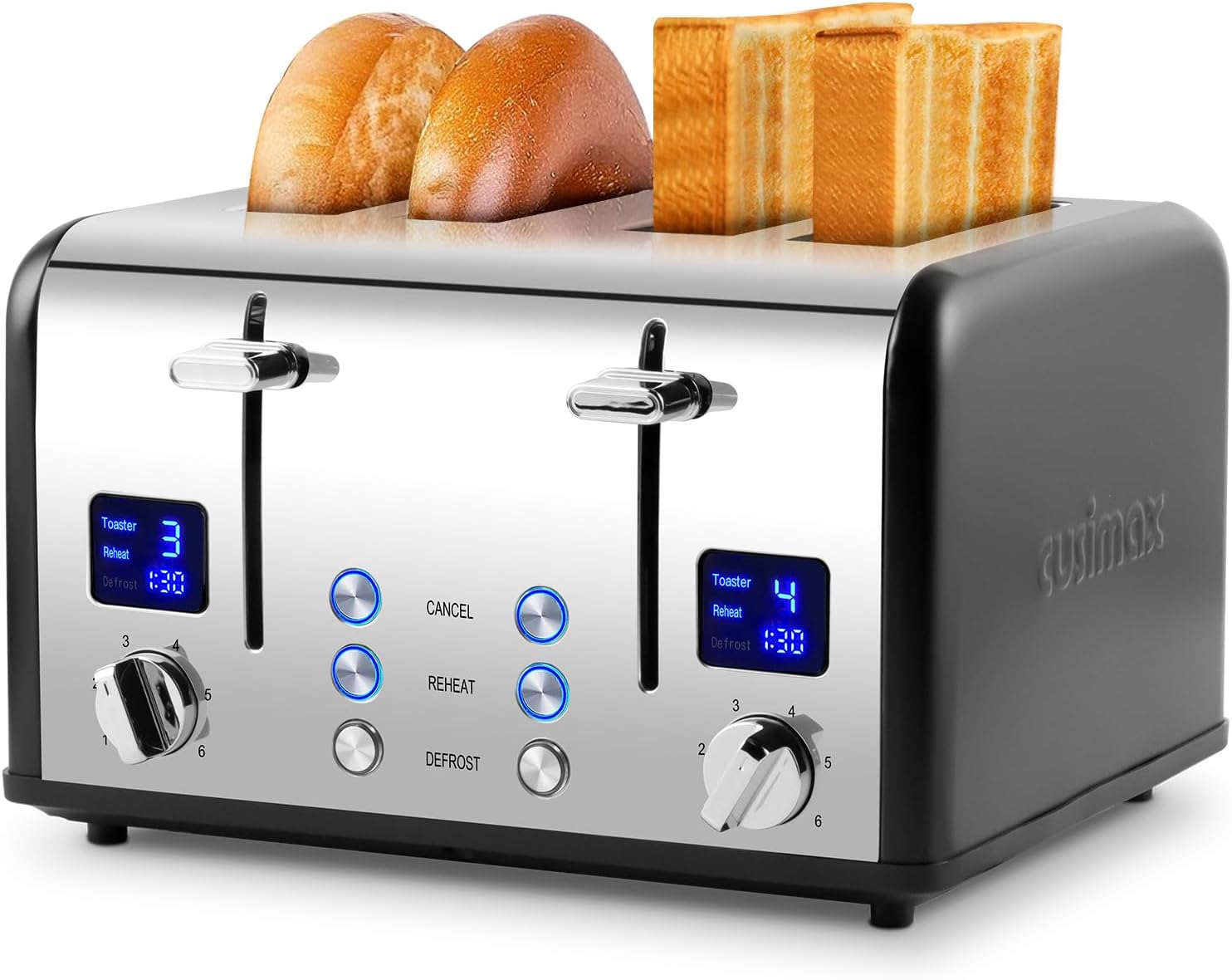 Toaster 4 Slices, Cusimax Stainless Steel Toaster with Ultra-Clear LED Display & 4 Extra-Wide Slots, Defrost/Reheat/Cancel Function, 6 Browning Settings, Removable Crumb Tray, Black