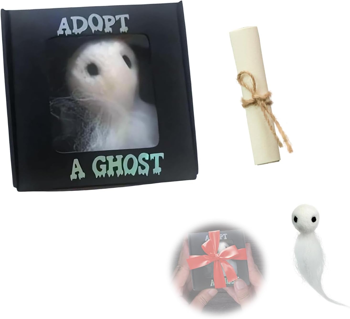 Adopt A Ghost, Super Cute Little Pocket Ghost with A Tiny Scroll, Mini Plush Stuffed Ghosts Doll, Creative Gift for Ghost Stories, Spooky Movies, Spirit Phantom Halloween Ornament Decoration Lovers