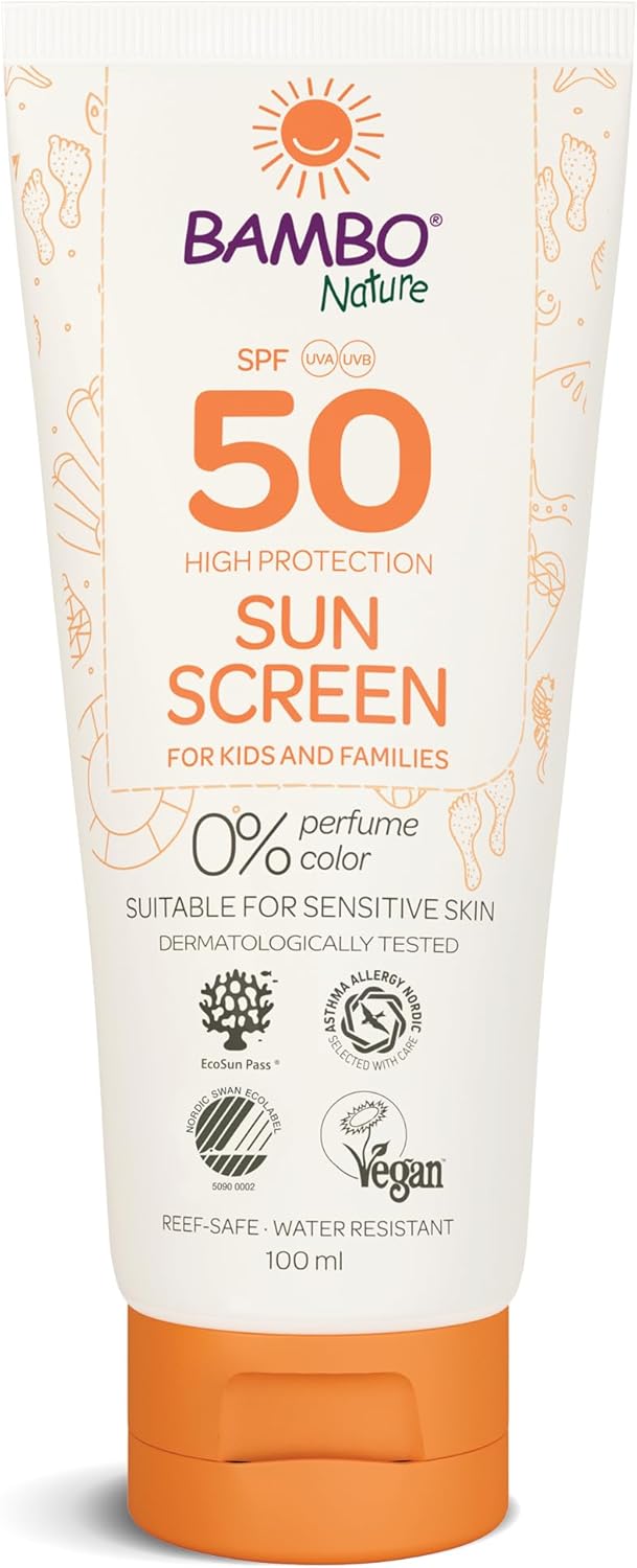 Bambo Nature Sun Cream | 100ml | Factor 50 Kids Sun Cream | Water Resistant Sun Cream SPF 50 | Holiday Essentials for Kids | Dermatologically Tested | Colourant & Fragrance Free