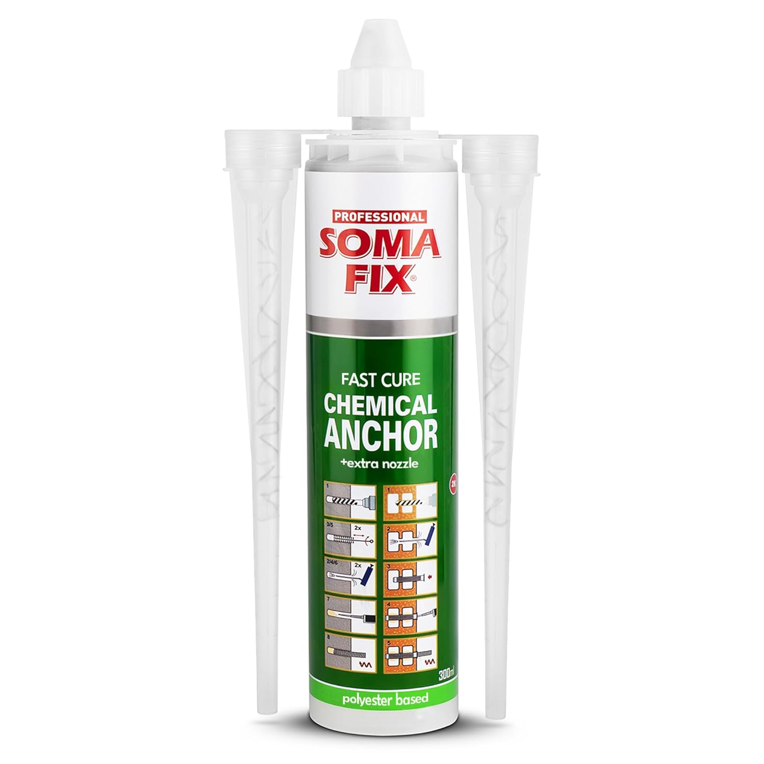 Chemical Anchor - Polyester Resin Adhesive for Brick, Concrete, Stone, Granite & Fixings - Grey Colour, Cures Rapidly + Extra Nozzle Included (300ml)