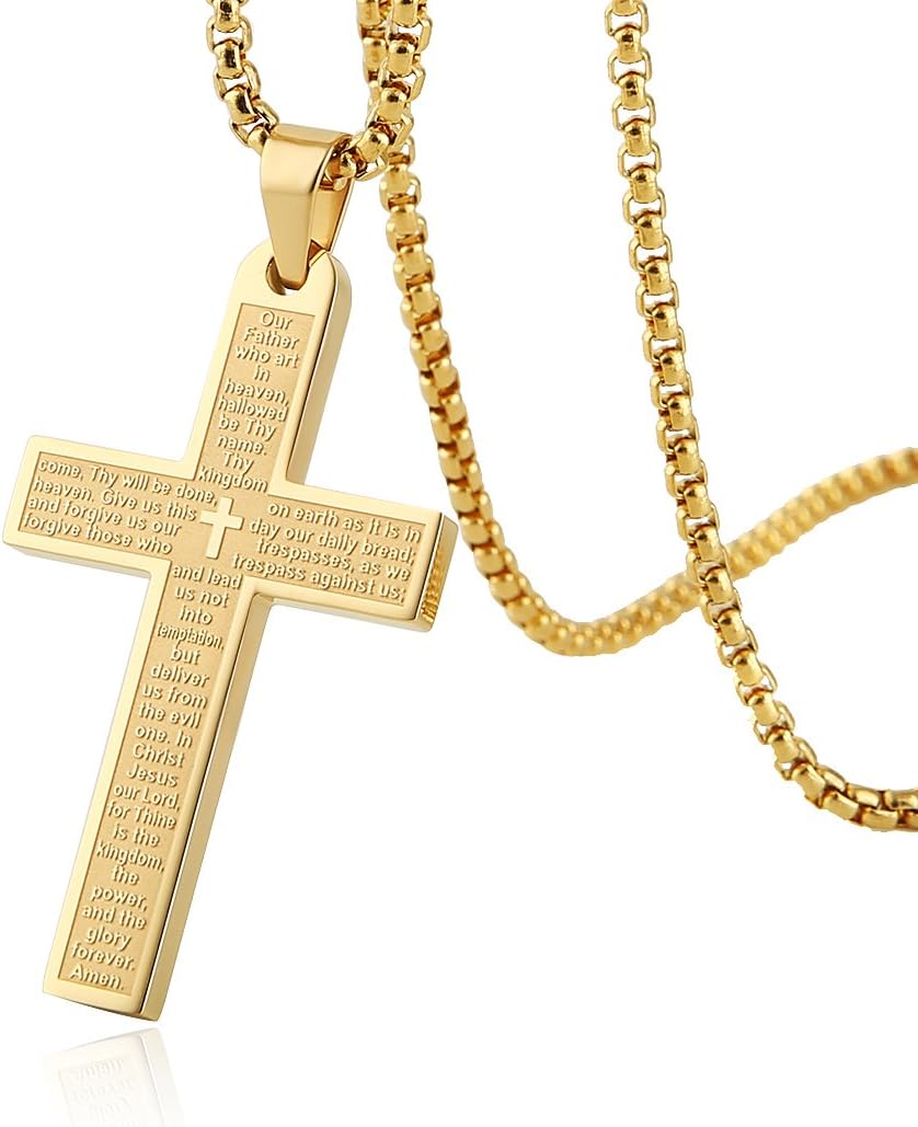 HZMAN Stainless Steel Mens Womens Cross Necklace Lord's Prayer Pendant, 4 Colors Available