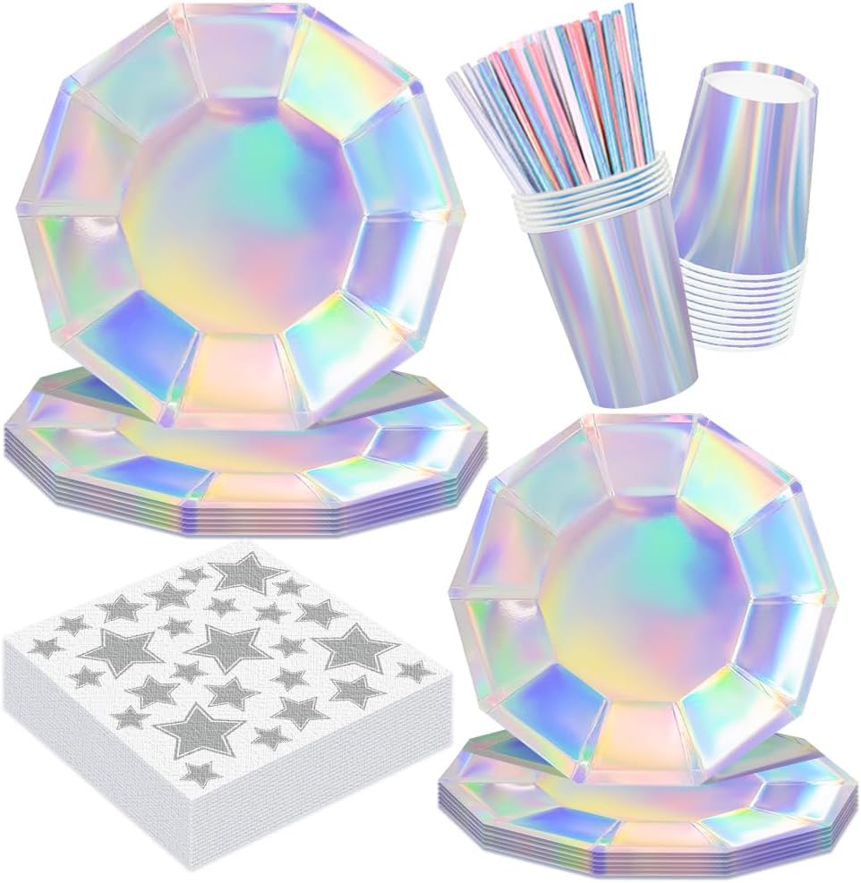 Iridescent Party Supplies Decorations 120Pcs Iridescent Paper Plates Napkins Set,Disposable Iridescent Birthday Party Decorations for Mermaid Birthday Wedding Party - Serve 24