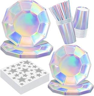 Iridescent Party Supplies Decorations 120Pcs Iridescent Paper Plates Napkins Set,Disposable Iridescent Birthday Party Decorations for Mermaid Birthday Wedding Party - Serve 24