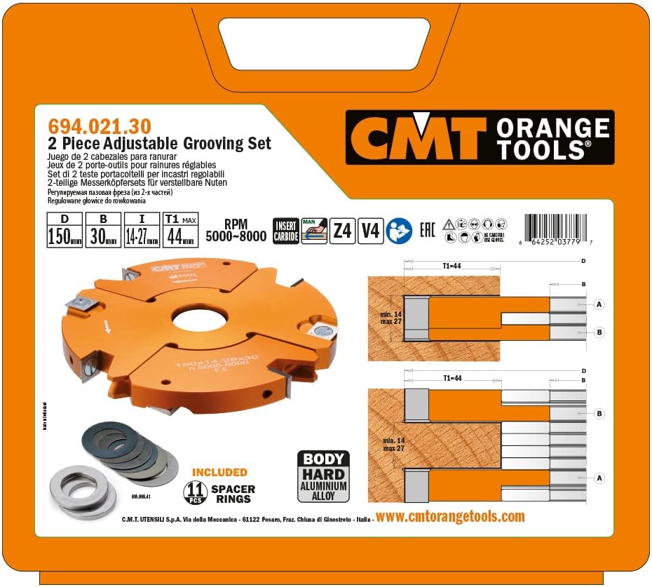 CMT 694.021.30-2 Piece Adjustable Grooving Cutter Head Set Hw D=150X14-28X3