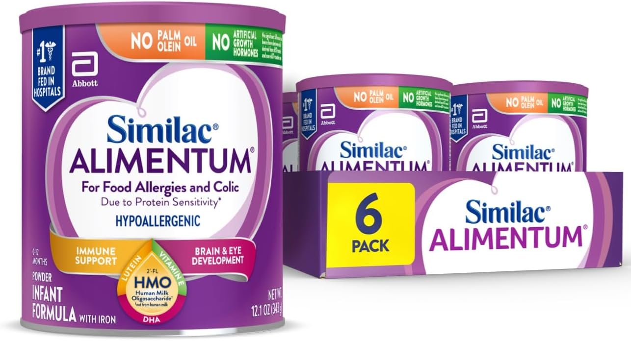 Similac Alimentum with 2’-FL HMO Hypoallergenic Infant Formula, for Food Allergies and Colic, Suitable for Lactose Sensitivity, Baby Formula Powder, 12.1-oz Value Can, Pack of 6