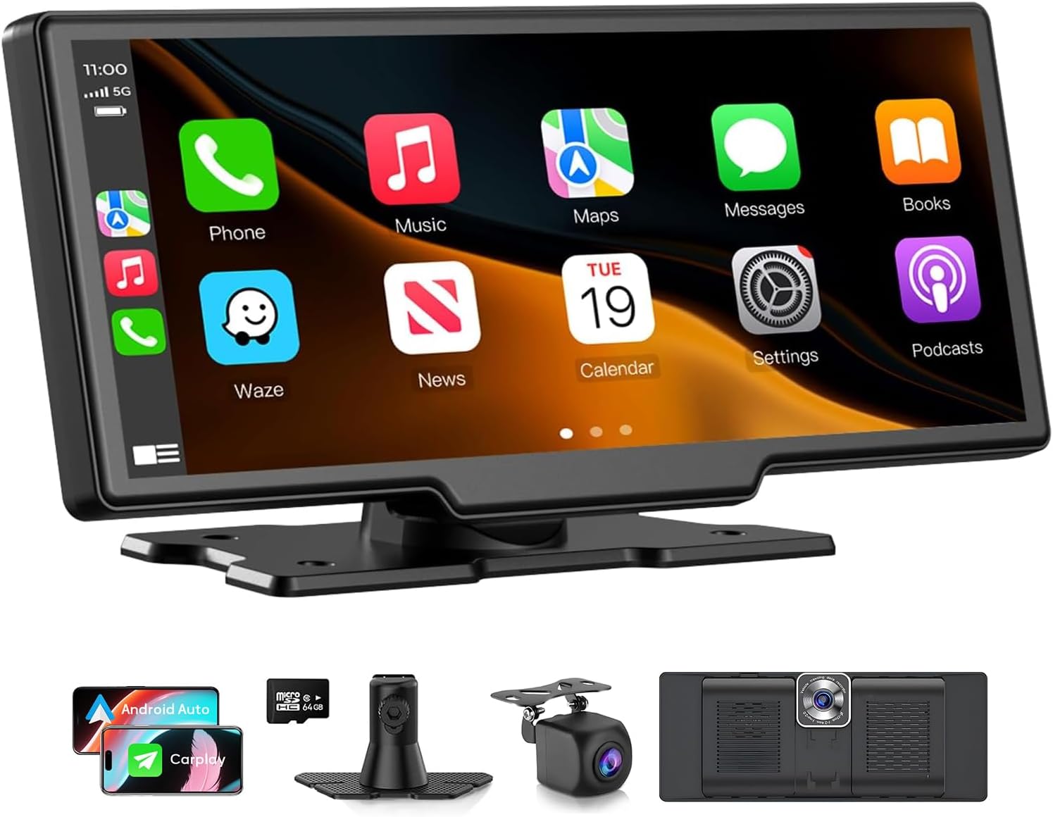 Wireless Carplay Screen for Car, 10.26" HD Carplay and Android Auto Touch Screen, Portable Car Tablet with 4K Dash Cam, Audio Receivers with Backup Camera, GPS Navigation, Voice Control, Mirror Link