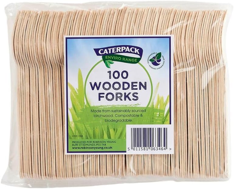 Caterpack Enviro Range Wooden Forks Made from sustainably sourced Birchwood, compostable and Biodegradable, 100 Pack
