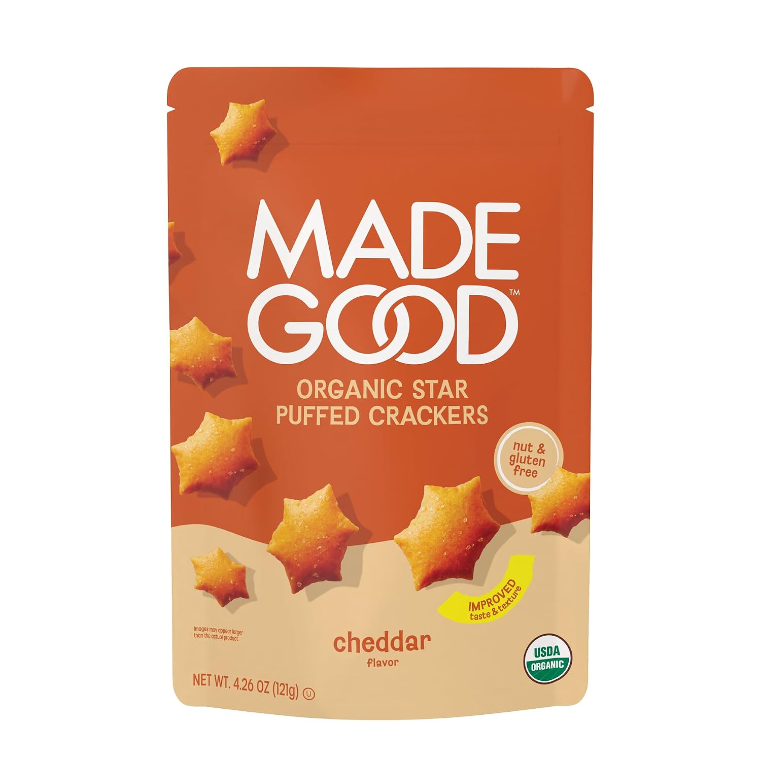 MadeGood Cheddar Star Puffed Crackers, 4.26oz Pouch, Organic Snacks
