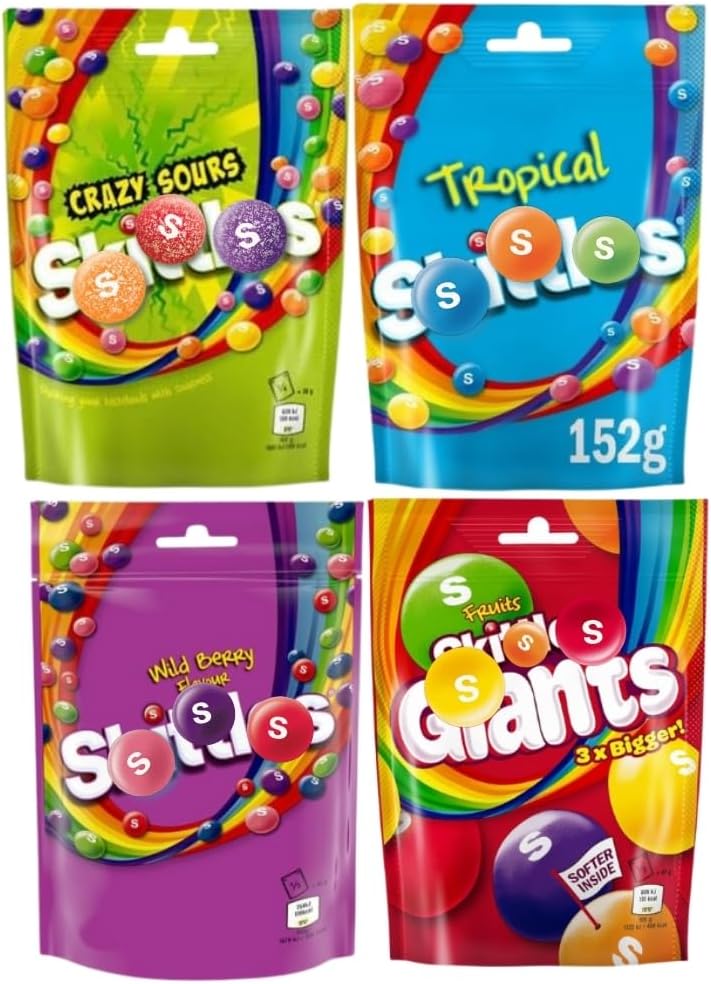 Assorted Sweet Skittles Fruit Flavoured Sharing Pouch - Skittles Wild Berry & Tropical, Fruits Giants & Crazy Sours (4 Packs)