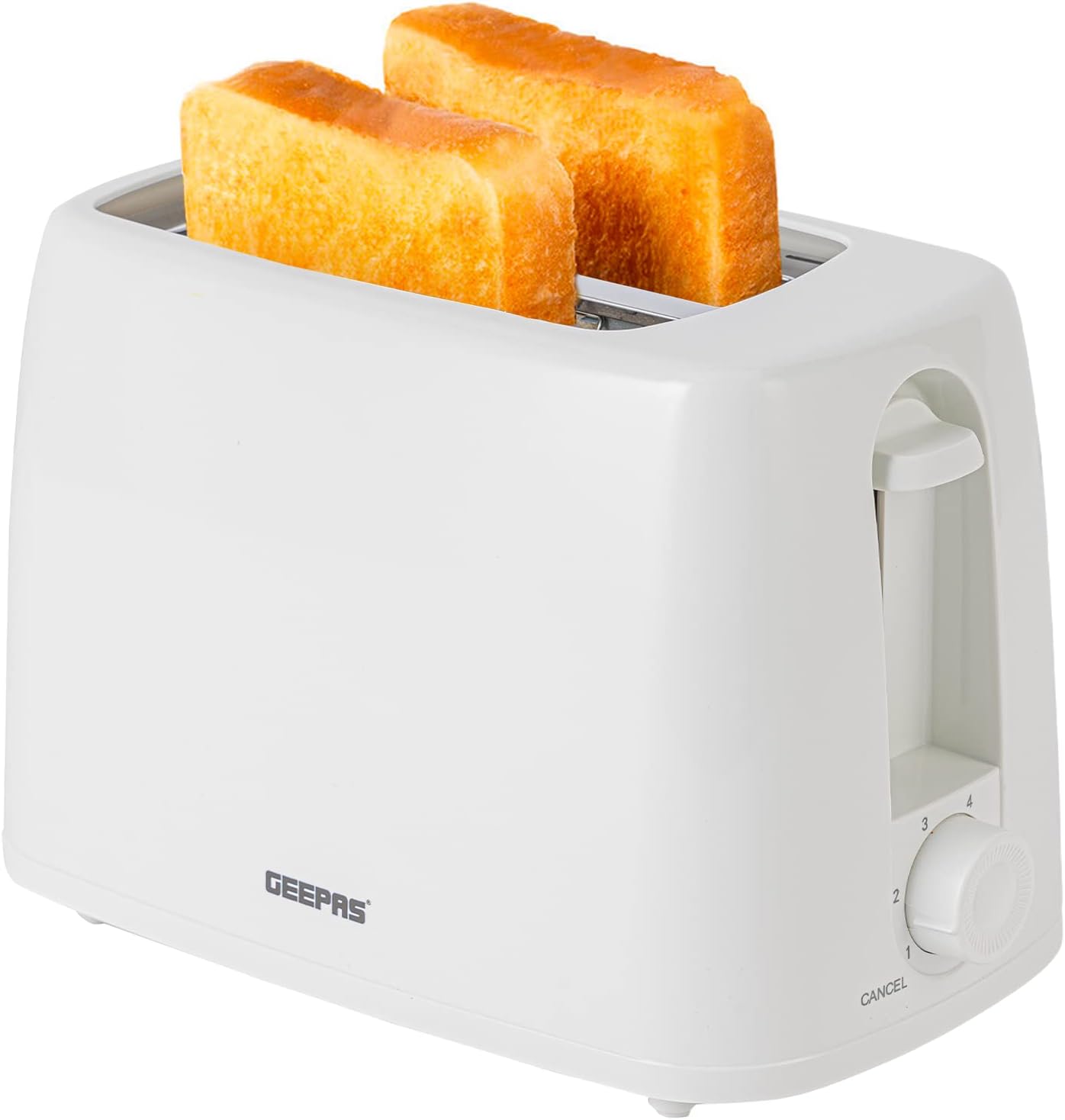 GEEPAS 2 Slice Toaster | 6 Browning Levels with Cancel Function | For Thin Small Bread Slice, Removable Crumb Tray Cool Touch Housing High Lift | Space-Saving Design | 1 Yr Warranty 650W White