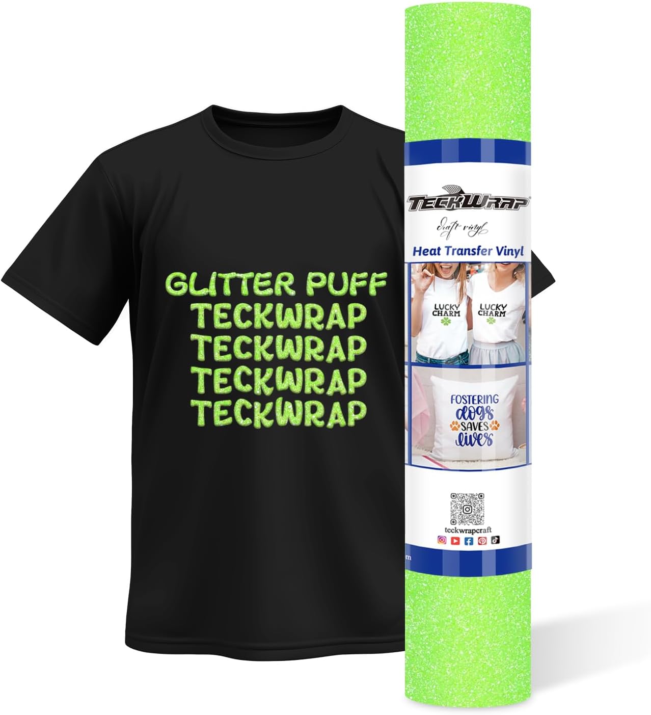TECKWRAP Glitter Puff HTV 3D Puff Glitter Heat Transfer Vinyl Roll 10" x 5ft for DIY Clothing,T-Shirts,Fabric Neon Green Puffy Iron on Vinyl Compatible with Heat Press Craft Cutters, Neon Green