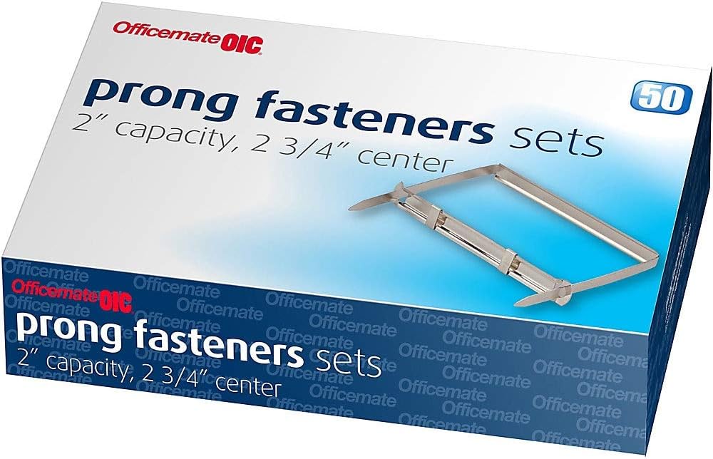 Officemate Prong Paper Fasteners, 2 inch Capacity, 2.75 inch Base, Box of 50 Complete Sets, (99852), Silver