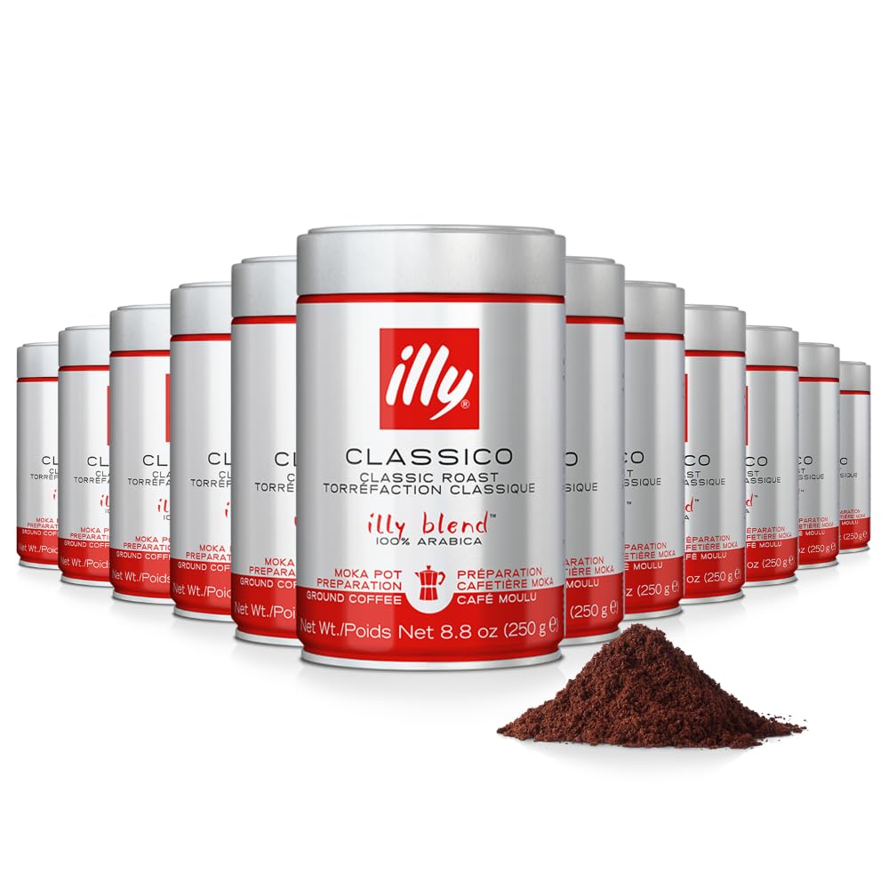 illy Ground Coffee Moka - 100% Arabica Coffee Ground - Rich Aromatic Coffee Grounds – Classico Medium Roast - Notes of Caramel, Orange Blossom & Jasmine - No Preservatives – 8.8 Ounce, 12 Pack